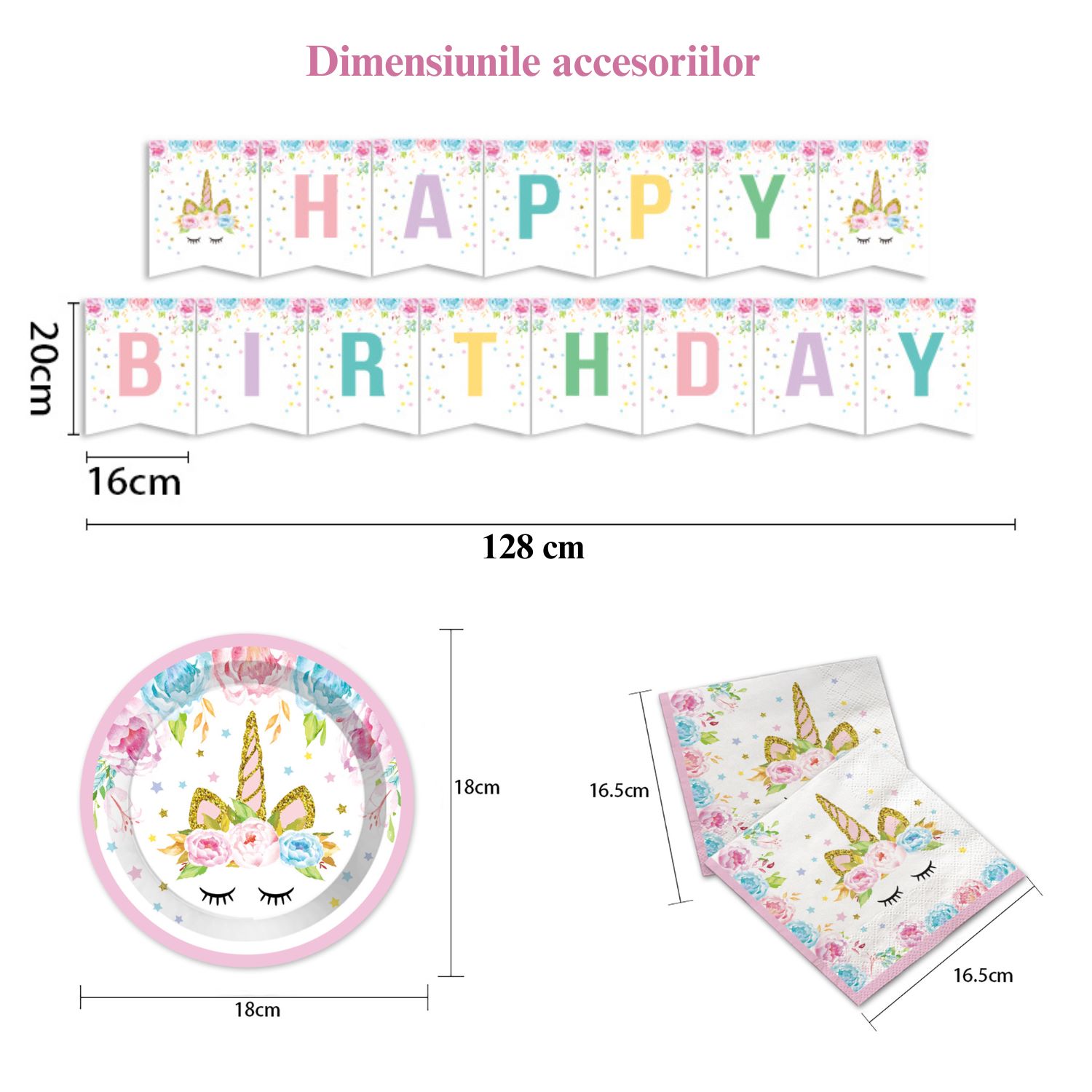 Set de baloane si accesorii petrecere aniversara, Simply Joy, 164 Piese, Tematica Unicorn, Baloane, Banner Happy Birthday, Decor pentru tort, Vesela, Roz