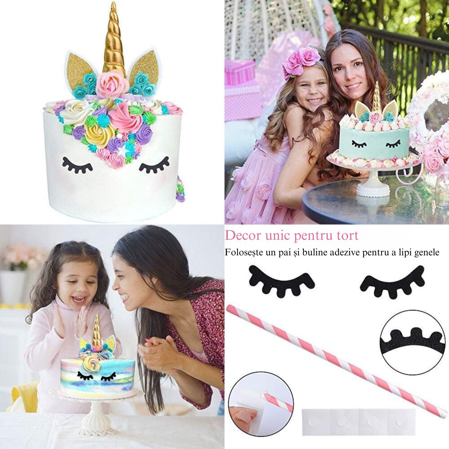 Set de baloane si accesorii petrecere aniversara, Simply Joy, 164 Piese, Tematica Unicorn, Baloane, Banner Happy Birthday, Decor pentru tort, Vesela, Roz