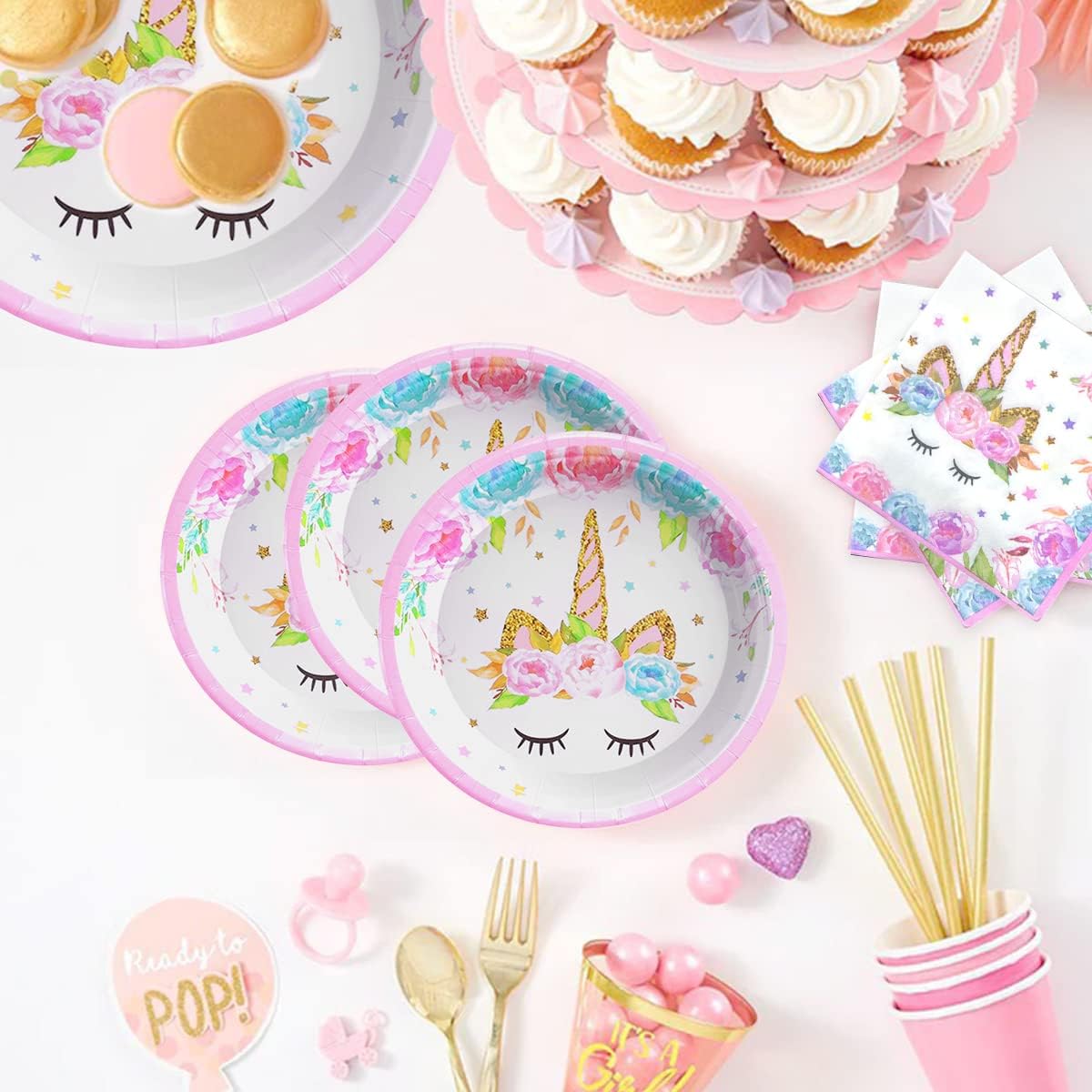 Set de baloane si accesorii petrecere aniversara, Simply Joy, 164 Piese, Tematica Unicorn, Baloane, Banner Happy Birthday, Decor pentru tort, Vesela, Roz