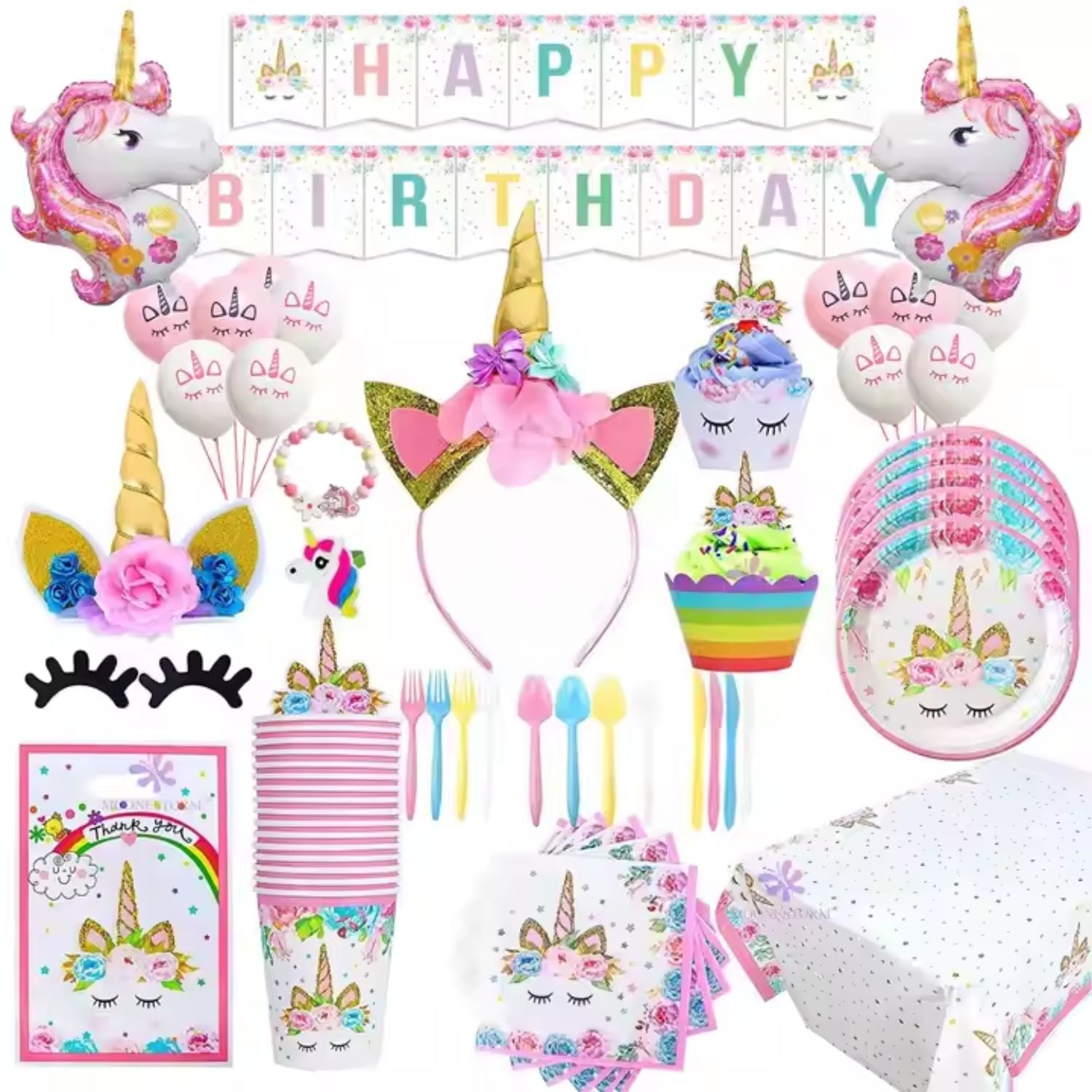 Set de baloane si accesorii petrecere aniversara, Simply Joy, 164 Piese, Tematica Unicorn, Baloane, Banner Happy Birthday, Decor pentru tort, Vesela, Roz
