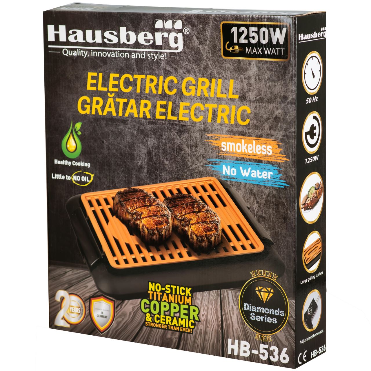 Gratar electric Hausberg HB-536, suprafata neaderenta, detasabila, maro