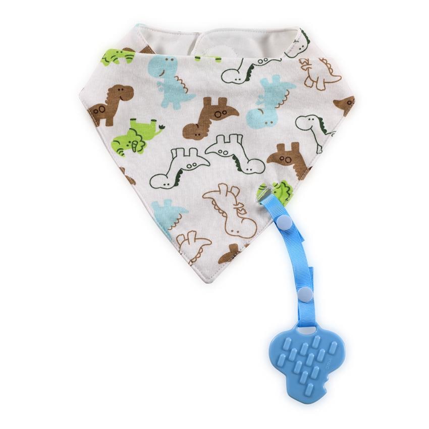 Baveta tip bandana Lorelli, cu snur si jucarie dentitie, bumbac, Boy, albastru