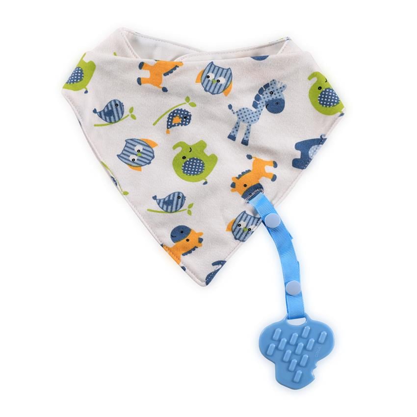 Baveta tip bandana Lorelli, cu snur si jucarie dentitie, bumbac, Boy, albastru