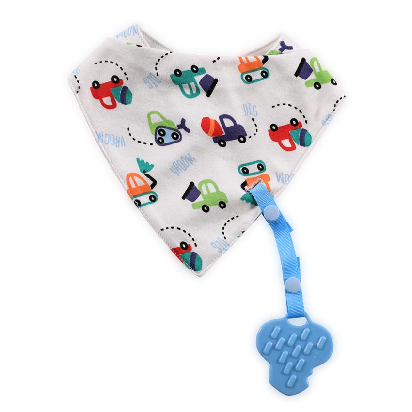 Baveta tip bandana Lorelli, cu snur si jucarie dentitie, bumbac, Boy, albastru