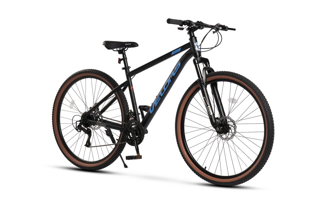 Bicicleta MTB de munte Velors Boost JSX29301, cadru cu cabluri integrate, suspensie fata, roata 29 inch, cauciuc profil MTB, frana disc fata/spate, 21 viteze, negru cu albastru
