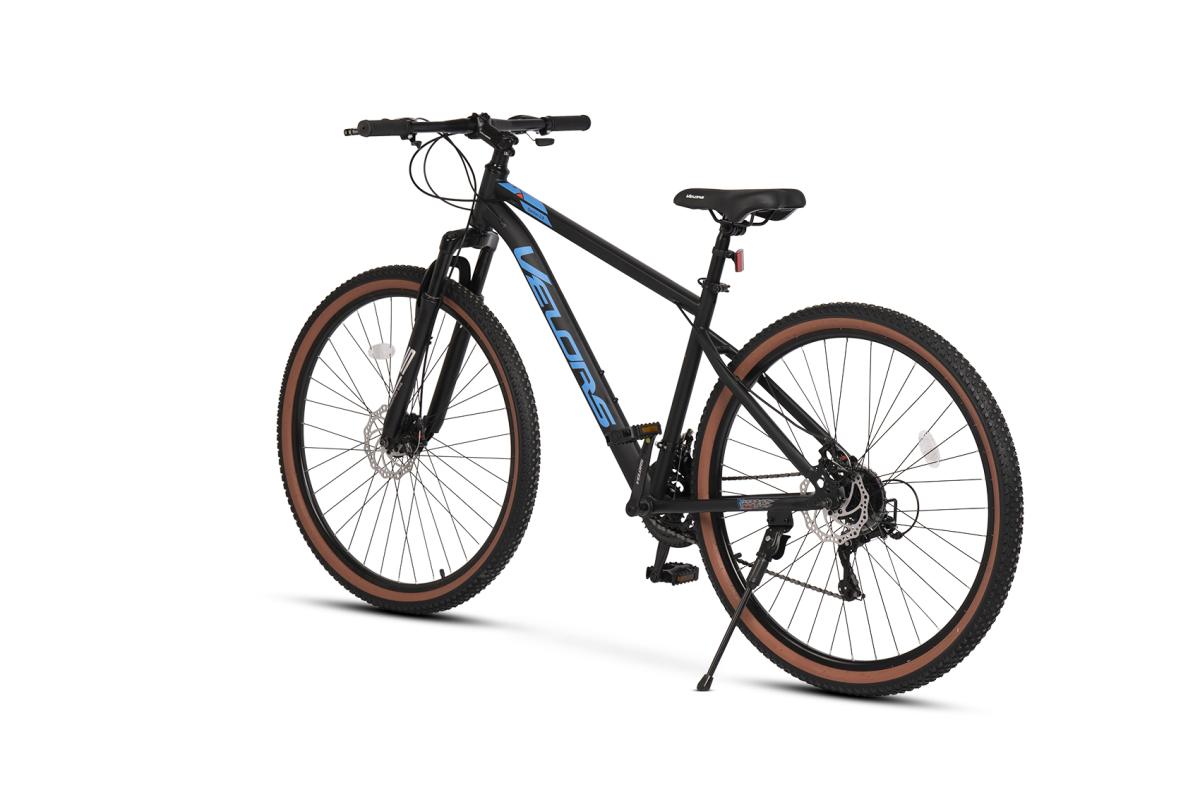 Bicicleta MTB de munte Velors Boost JSX29301, cadru cu cabluri integrate, suspensie fata, roata 29 inch, cauciuc profil MTB, frana disc fata/spate, 21 viteze, negru cu albastru
