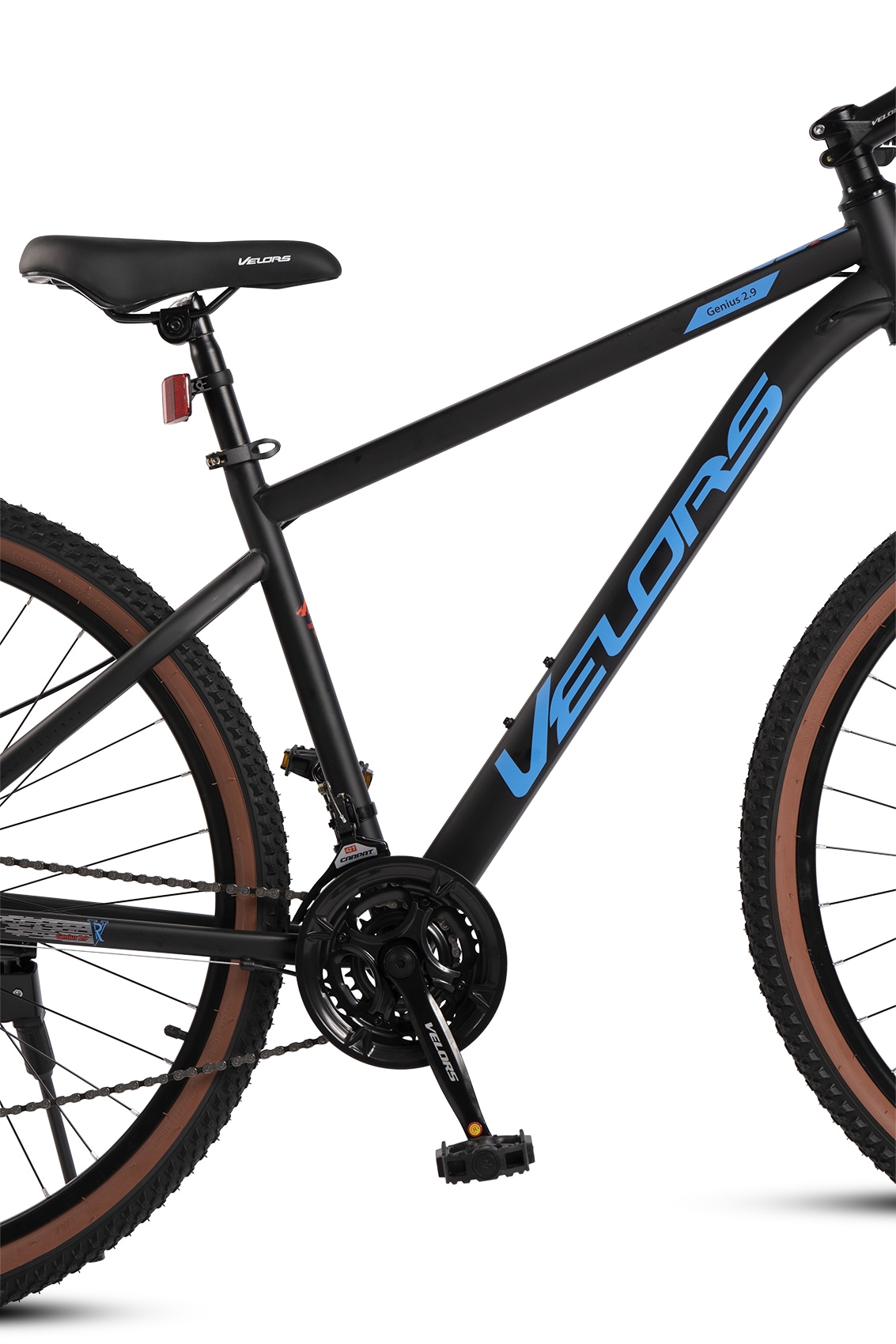 Bicicleta MTB de munte Velors Boost JSX29301, cadru cu cabluri integrate, suspensie fata, roata 29 inch, cauciuc profil MTB, frana disc fata/spate, 21 viteze, negru cu albastru