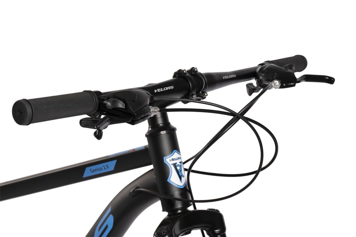 Bicicleta MTB de munte Velors Boost JSX29301, cadru cu cabluri integrate, suspensie fata, roata 29 inch, cauciuc profil MTB, frana disc fata/spate, 21 viteze, negru cu albastru