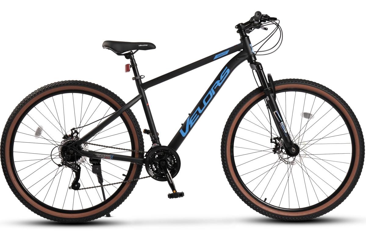 Bicicleta MTB de munte Velors Boost JSX29301, cadru cu cabluri integrate, suspensie fata, roata 29 inch, cauciuc profil MTB, frana disc fata/spate, 21 viteze, negru cu albastru