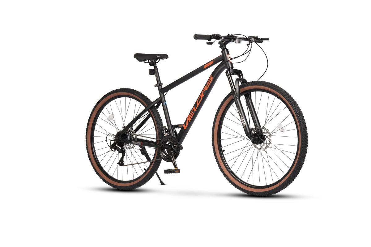 Bicicleta MTB de munte Velors Boost JSX29301, cadru cu cabluri integrate, suspensie fata, roata 29 inch, cauciuc profil MTB, frana disc fata/spate, 21 viteze, negru cu portocaliu