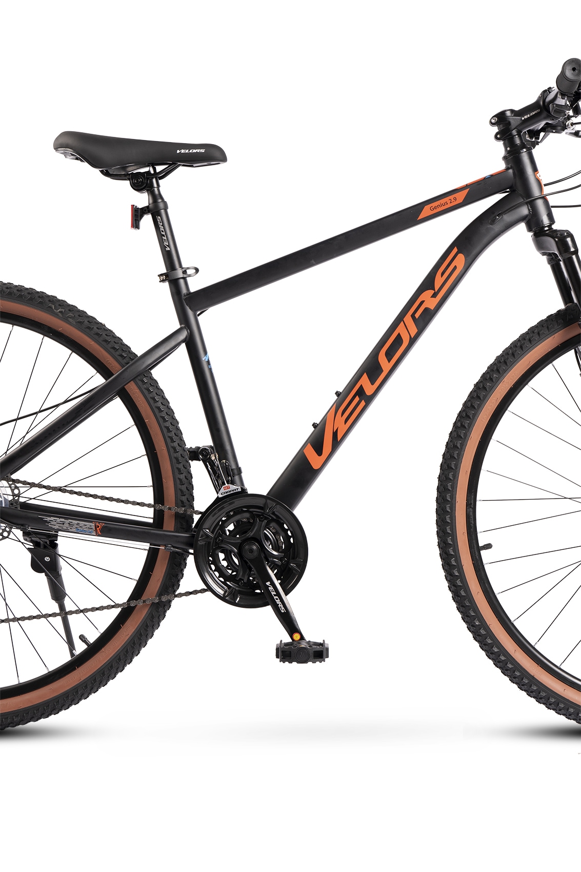 Bicicleta MTB de munte Velors Boost JSX29301, cadru cu cabluri integrate, suspensie fata, roata 29 inch, cauciuc profil MTB, frana disc fata/spate, 21 viteze, negru cu portocaliu