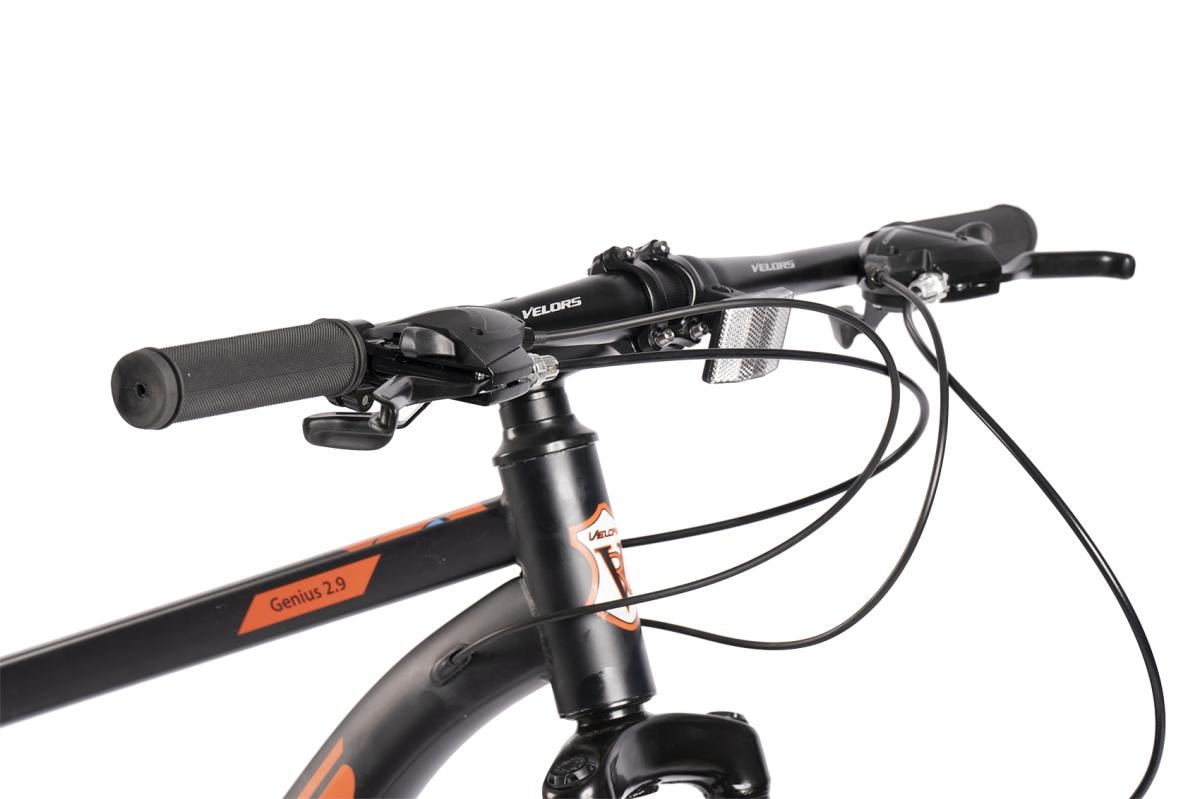 Bicicleta MTB de munte Velors Boost JSX29301, cadru cu cabluri integrate, suspensie fata, roata 29 inch, cauciuc profil MTB, frana disc fata/spate, 21 viteze, negru cu portocaliu