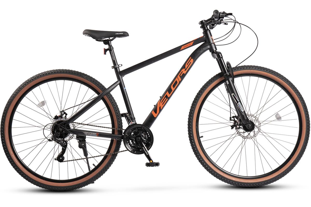 Bicicleta MTB de munte Velors Boost JSX29301, cadru cu cabluri integrate, suspensie fata, roata 29 inch, cauciuc profil MTB, frana disc fata/spate, 21 viteze, negru cu portocaliu