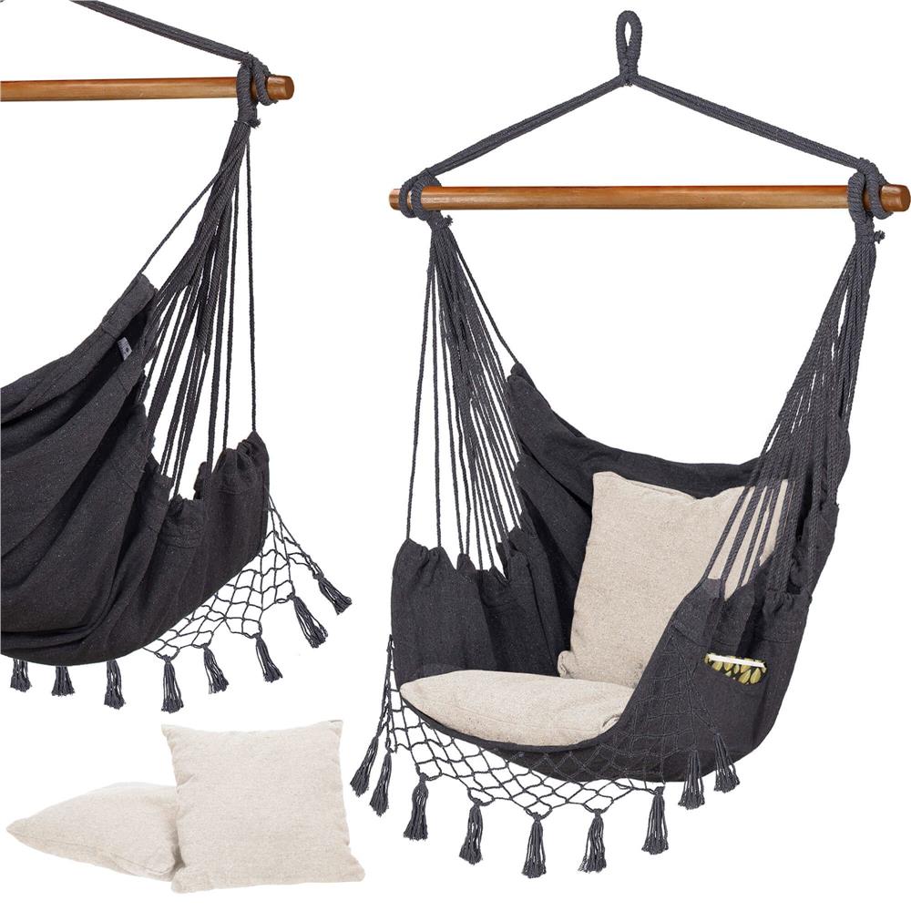 Hamac tip leagan suspendat Sersimo, pentru casa sau gradina HM43, gri inchis cu perne, 130x100cm, 150kg
