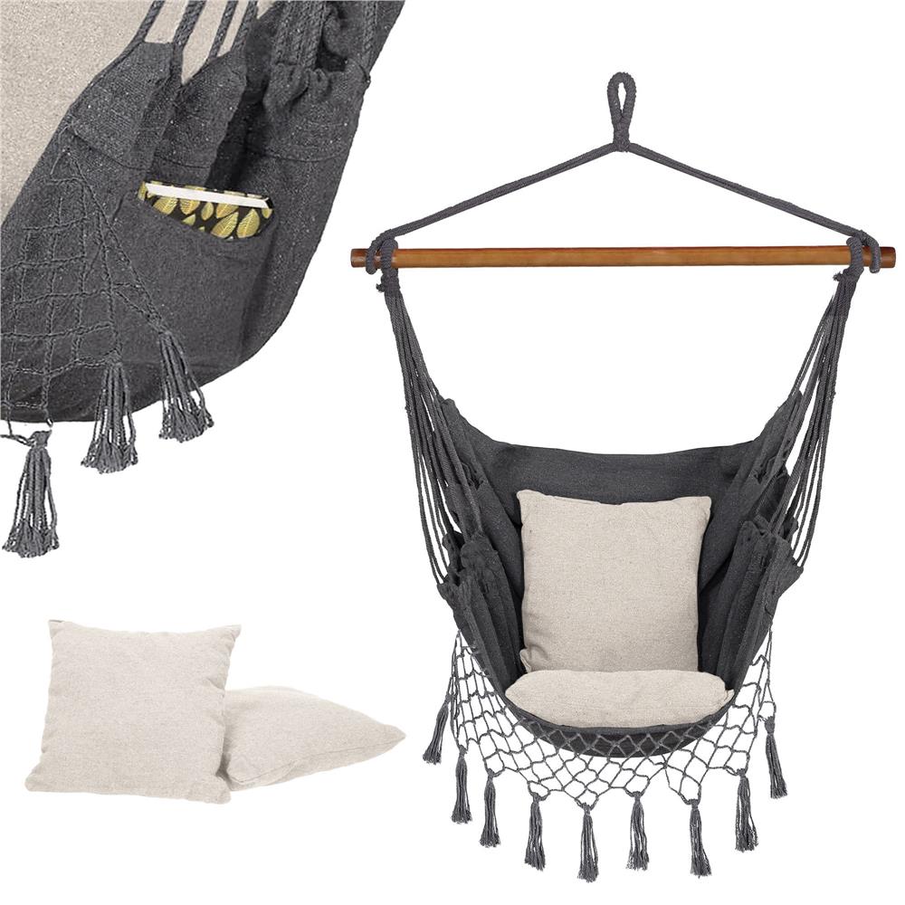 Hamac tip leagan suspendat Sersimo, pentru casa sau gradina HM43, gri inchis cu perne, 130x100cm, 150kg