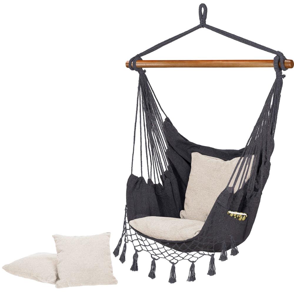 Hamac tip leagan suspendat Sersimo, pentru casa sau gradina HM43, gri inchis cu perne, 130x100cm, 150kg