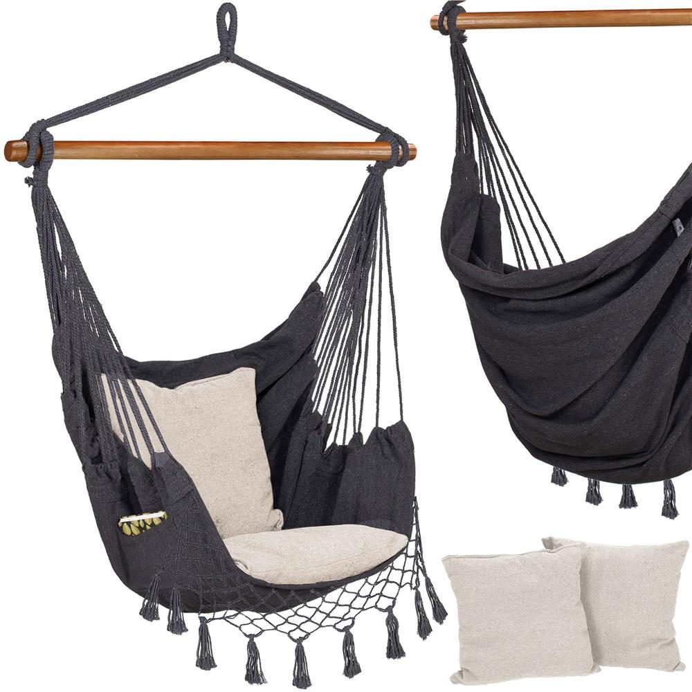 Hamac tip leagan suspendat Sersimo, pentru casa sau gradina HM43, gri inchis cu perne, 130x100cm, 150kg
