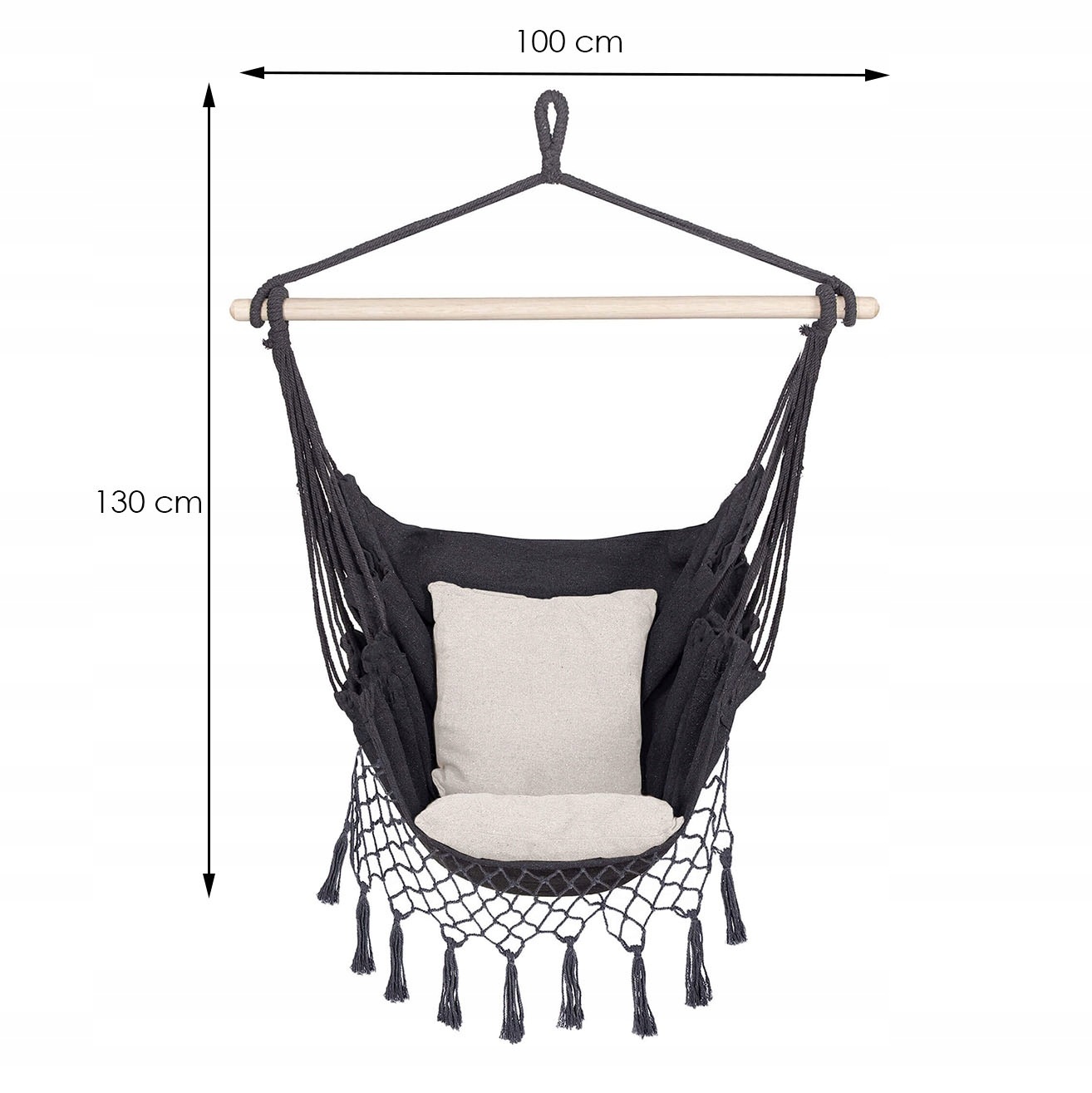 Hamac tip leagan suspendat Sersimo, pentru casa sau gradina HM44, gri inchis cu perne, 130x100cm, 150kg
