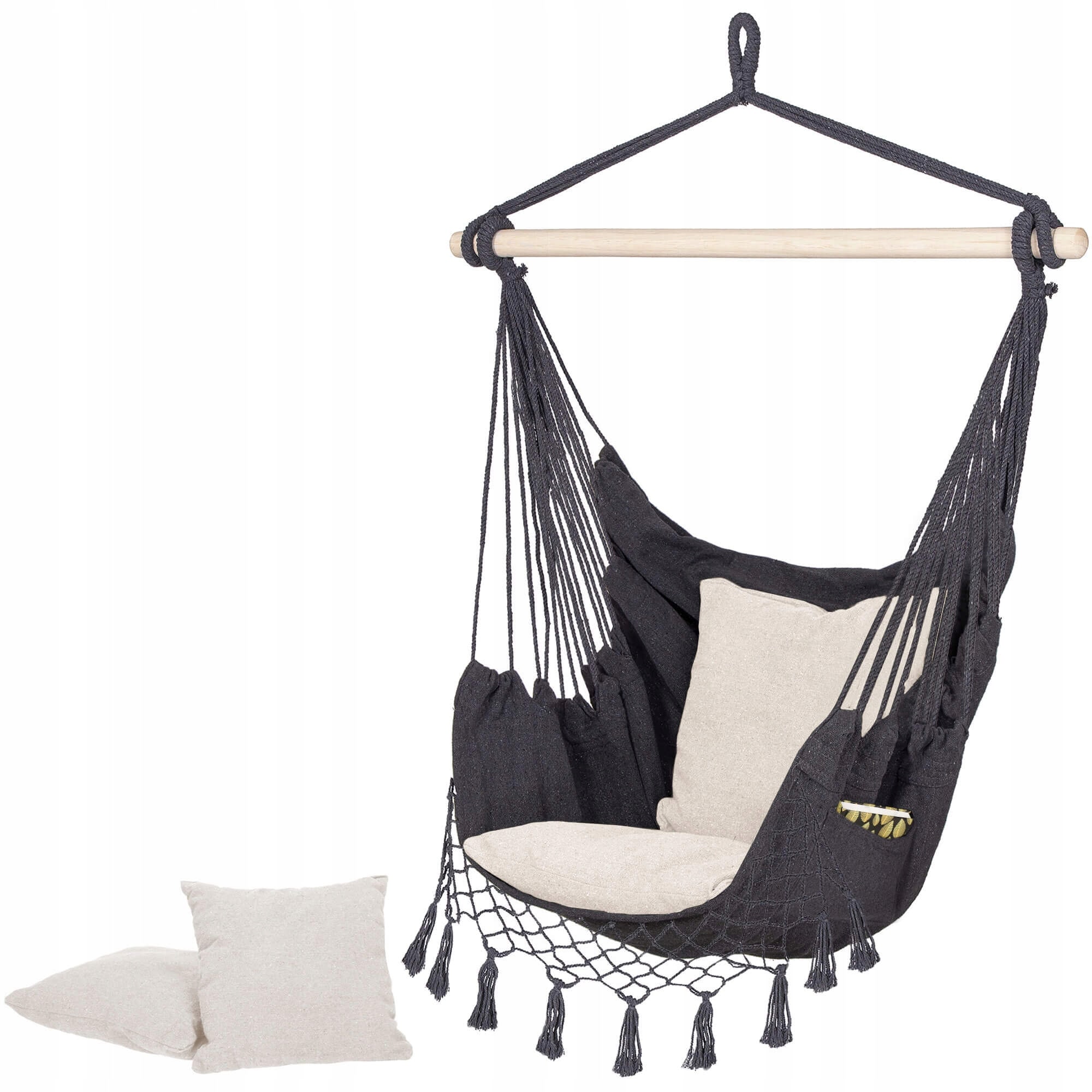Hamac tip leagan suspendat Sersimo, pentru casa sau gradina HM44, gri inchis cu perne, 130x100cm, 150kg