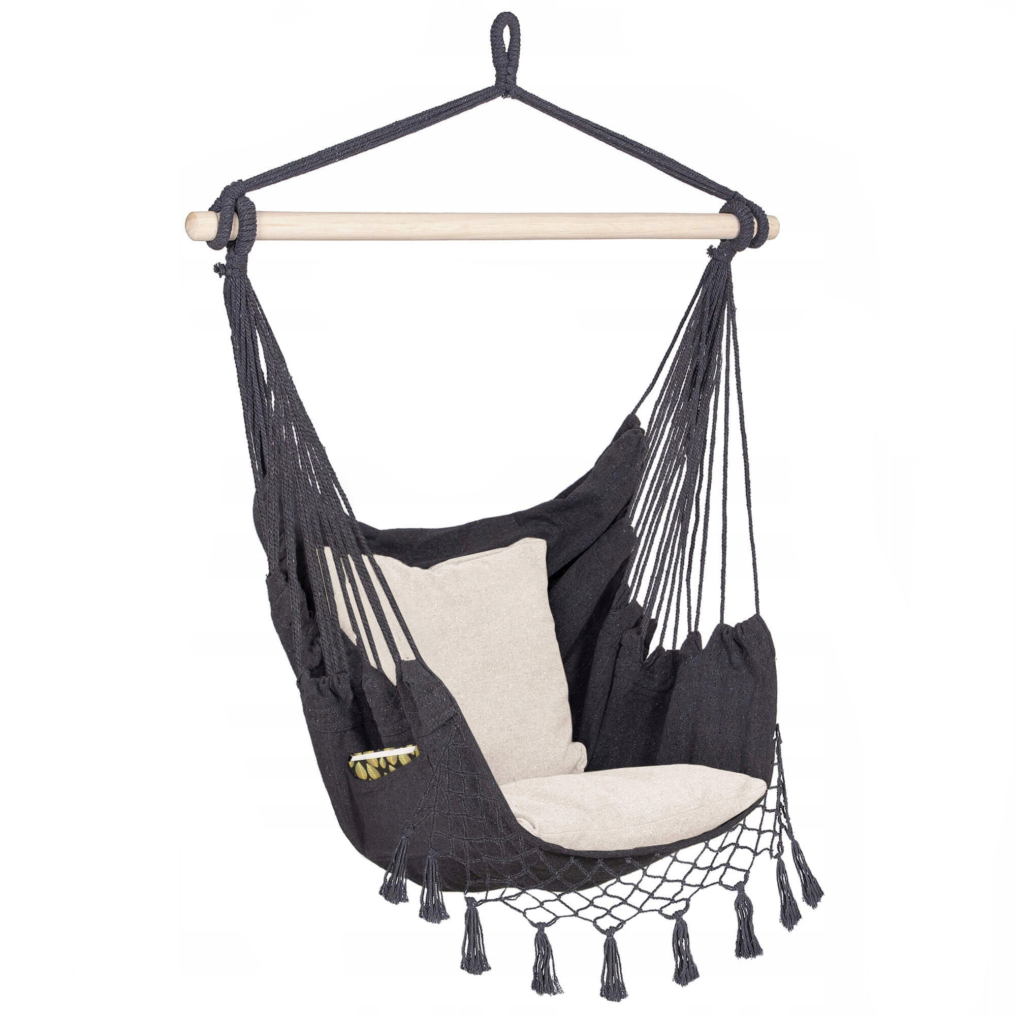 Hamac tip leagan suspendat Sersimo, pentru casa sau gradina HM44, gri inchis cu perne, 130x100cm, 150kg