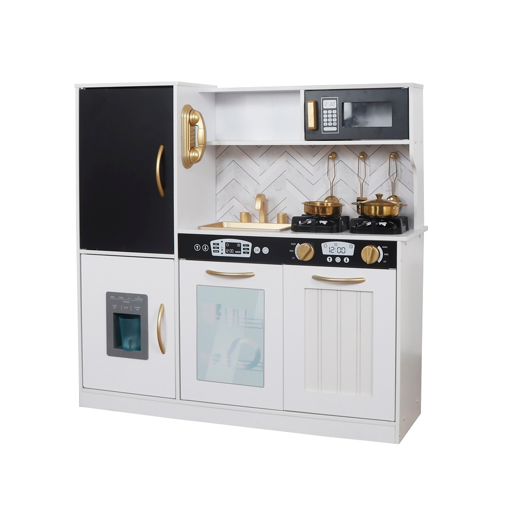 Set bucatarie copii DacEnergy, realizata din MDF si lemn, accesorii din otel inoxidabil, tabla cu creta, cuptor cu microunde, plita electrica, lumina Led, 80 x 24 x 80 cm, alb laptos si auriu