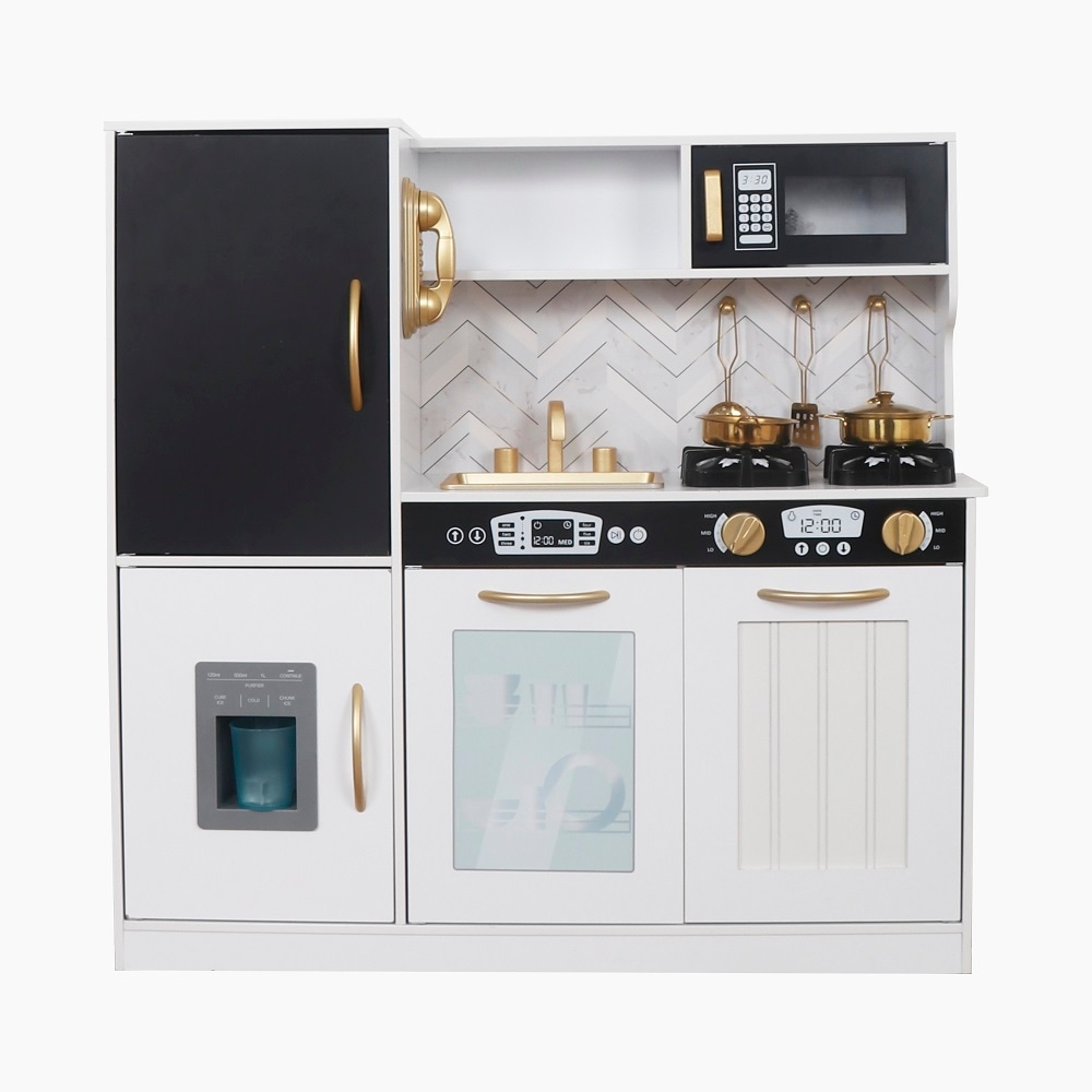 Set bucatarie copii DacEnergy, realizata din MDF si lemn, accesorii din otel inoxidabil, tabla cu creta, cuptor cu microunde, plita electrica, lumina Led, 80 x 24 x 80 cm, alb laptos si auriu