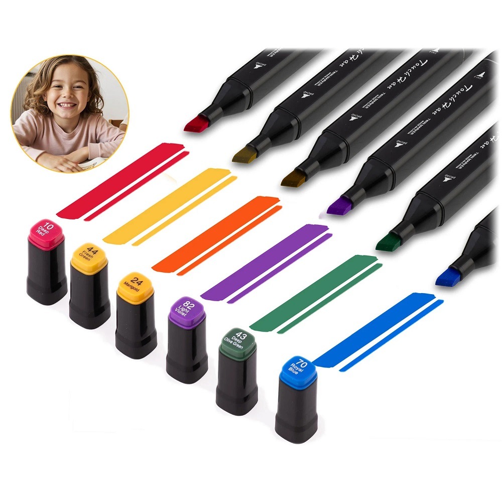 Set 80 markere duble DacEnergy, cerneala cu alcool, cu varfuri de 2 mm si 7 mm, nuante intense, vii, multicolore