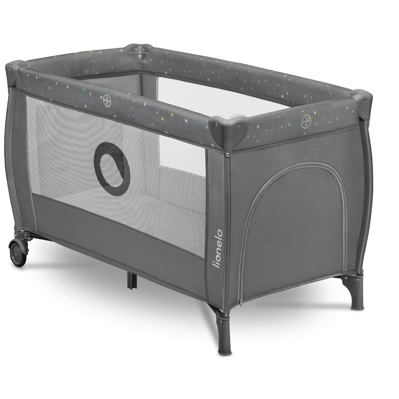Patut pliant Lionelo, Stefi Plus, Cu doua nivele, Cu intrare laterala cu fermoar, 2 roti, 120 x 60 cm, Conform cu EN 716, Gri/ Multicolor