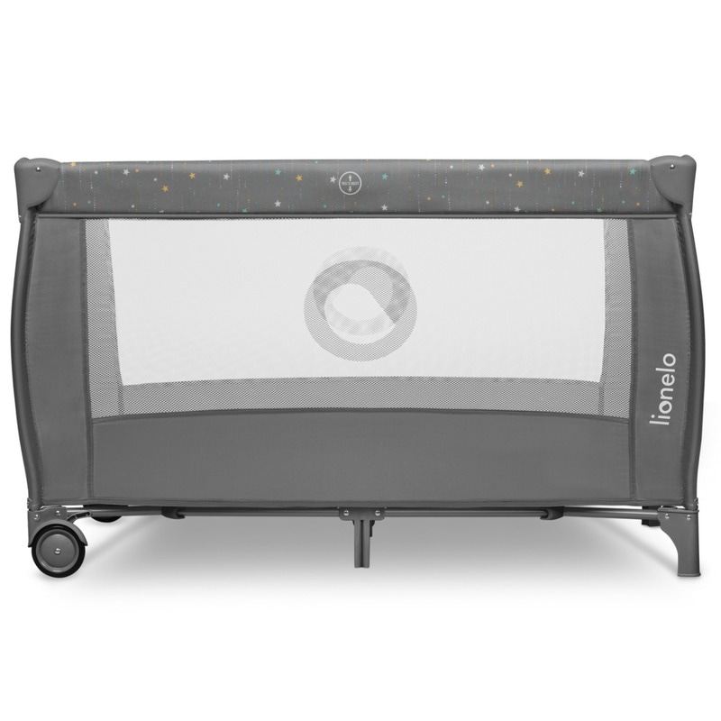 Patut pliant Lionelo, Stefi Plus, Cu doua nivele, Cu intrare laterala cu fermoar, 2 roti, 120 x 60 cm, Conform cu EN 716, Gri/ Multicolor