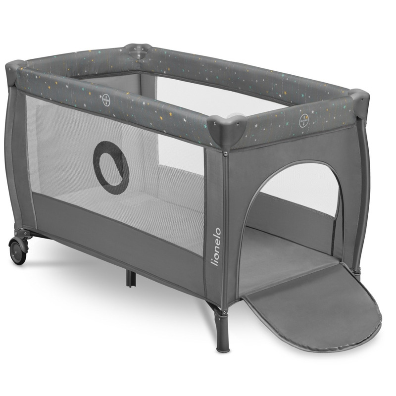 Patut pliant Lionelo, Stefi Plus, Cu doua nivele, Cu intrare laterala cu fermoar, 2 roti, 120 x 60 cm, Conform cu EN 716, Gri/ Multicolor