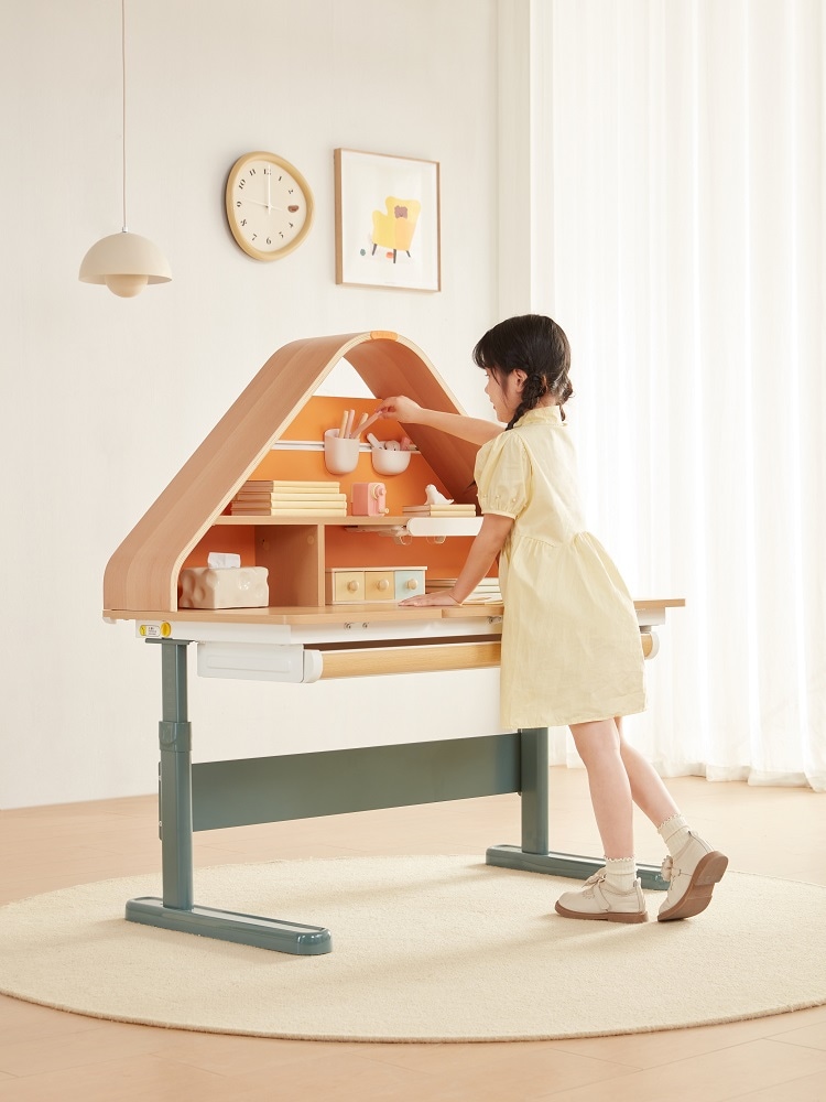 Birou reglabil ergonomic MarcoShop, pentru copii, model CASUTA, Lemn plop
