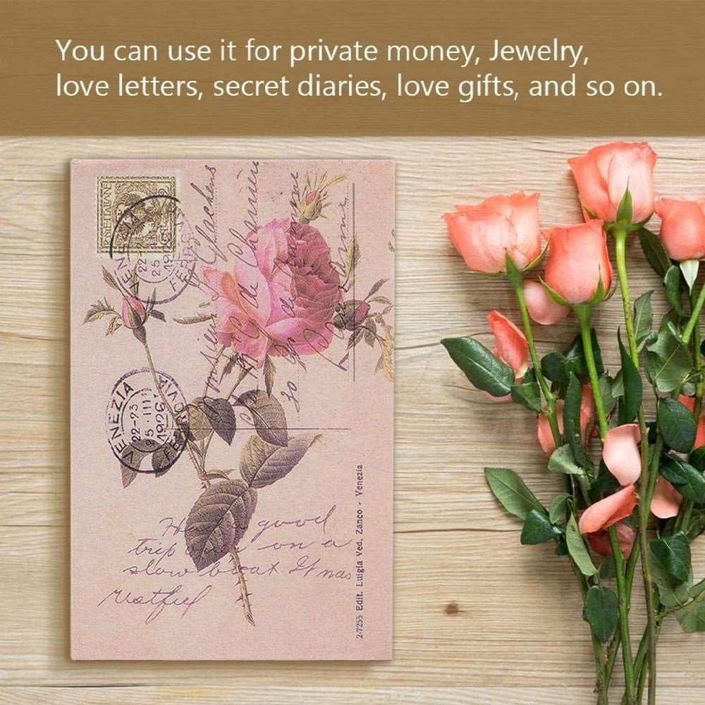 Seif secret tip carte Pufo cu cheie pentru blocare, model Rose of Love, 18 x 12 cm
