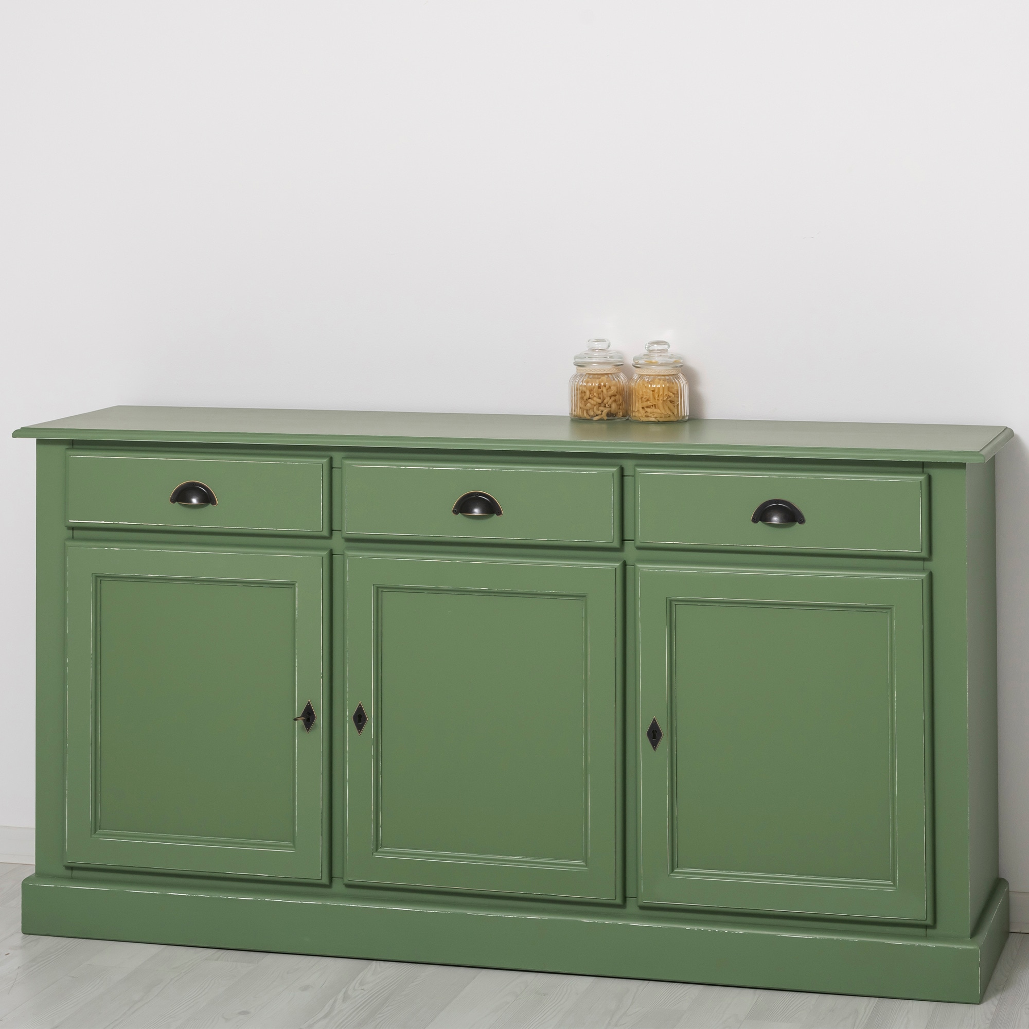 Bufet cu 3 usi, 3 sertare, BAS, 100% lemn masiv, 90x45x172 cm, culoare exterior verde antichizat P038A, culoare interior gri P023