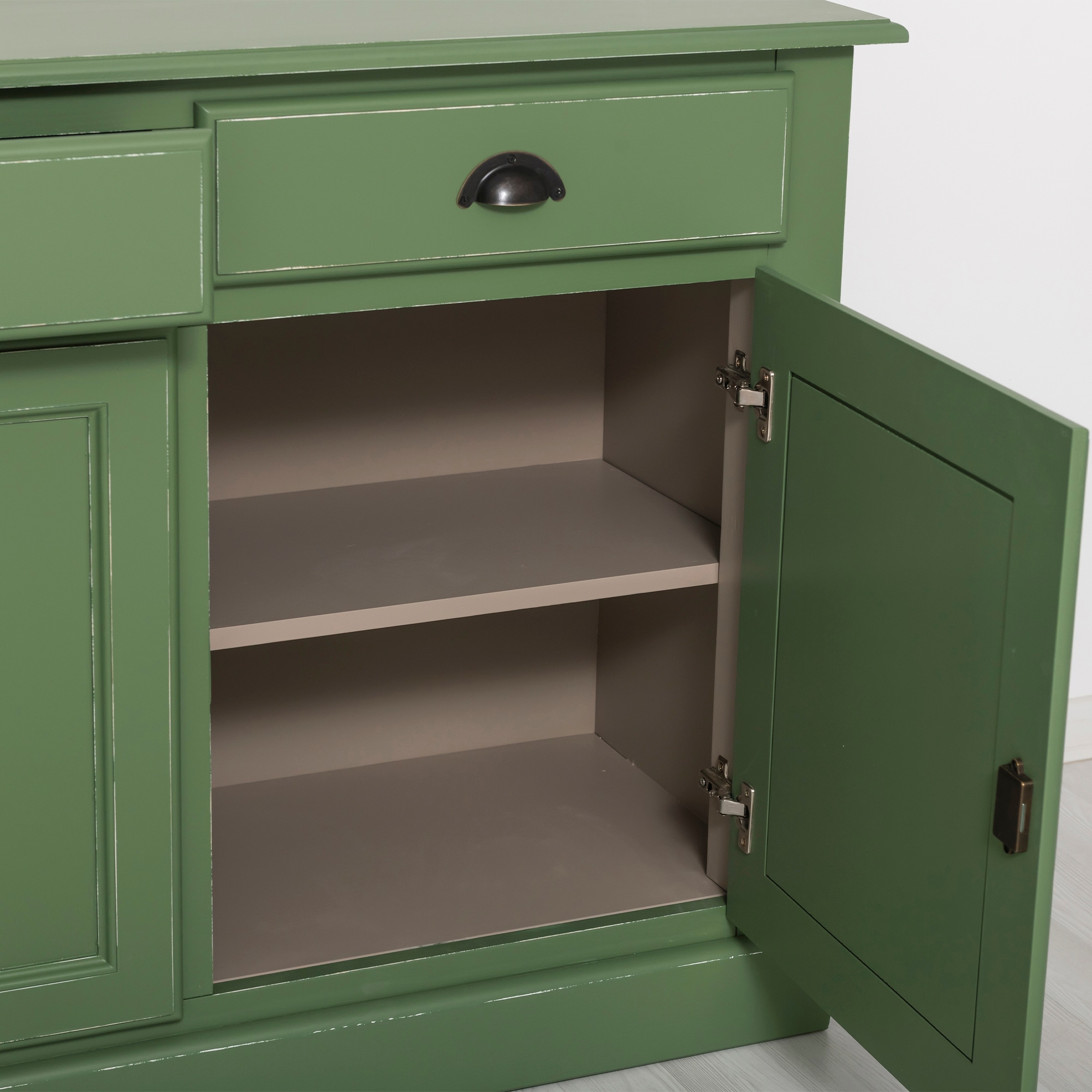 Bufet cu 3 usi, 3 sertare, BAS, 100% lemn masiv, 90x45x172 cm, culoare exterior verde antichizat P038A, culoare interior gri P023