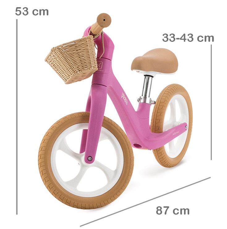 Bicicleta de echilibru fara pedale Adamex Pixie, cu cosulet, design retro, scaun reglabil, pana la 50 kg, 2-6 ani, omologata EN71, roti 12 inch, Pretty Pink