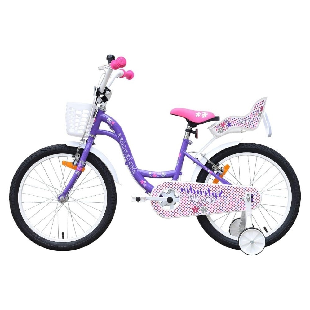 Bicicleta pentru copii NOVOKIDS Splend'Or Boom PRO Edition, Cu cosulet pentru papusi, Roti 20" inch, Cadru din otel, Roti ajutatoare detasabile, Ghidon reglabil pe inaltime, Mov