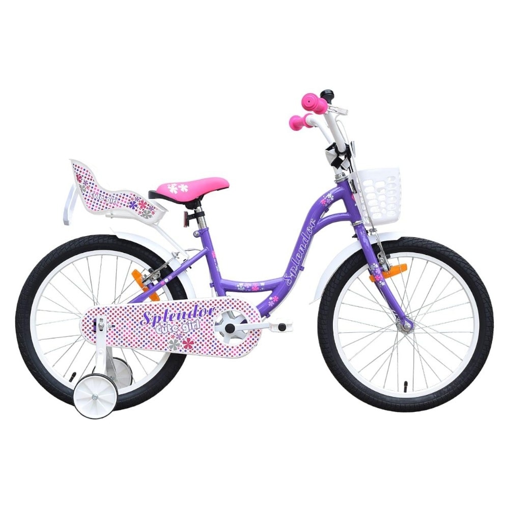 Bicicleta pentru copii NOVOKIDS Splend'Or Boom PRO Edition, Cu cosulet pentru papusi, Roti 20" inch, Cadru din otel, Roti ajutatoare detasabile, Ghidon reglabil pe inaltime, Mov
