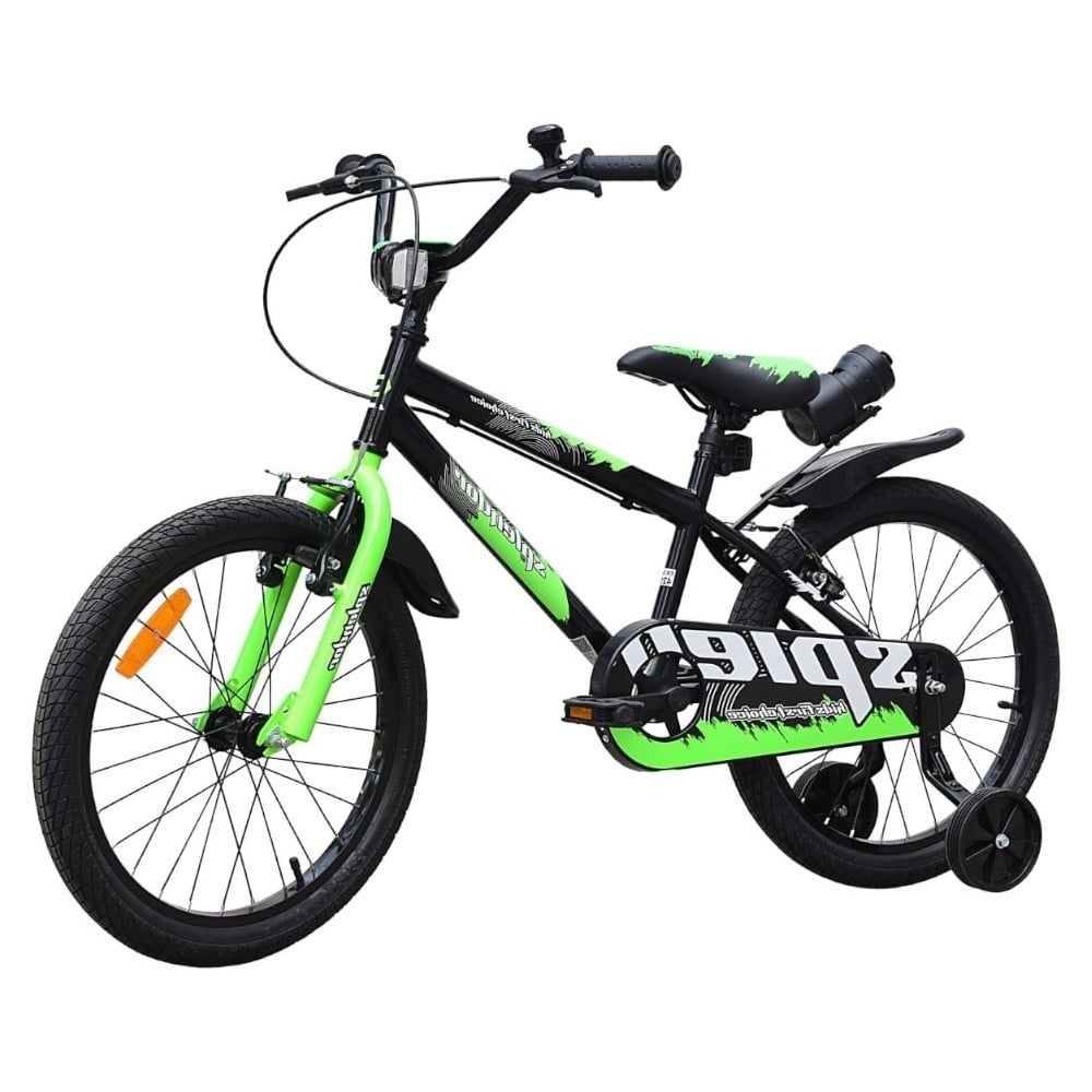 Bicicleta pentru copii NOVOKIDS Splend'Or Boom PRO Edition, Cu bidon pentru apa, Roti 20" inch, Cadru din otel, Roti ajutatoare detasabile, Ghidon reglabil, Verde cu Negru