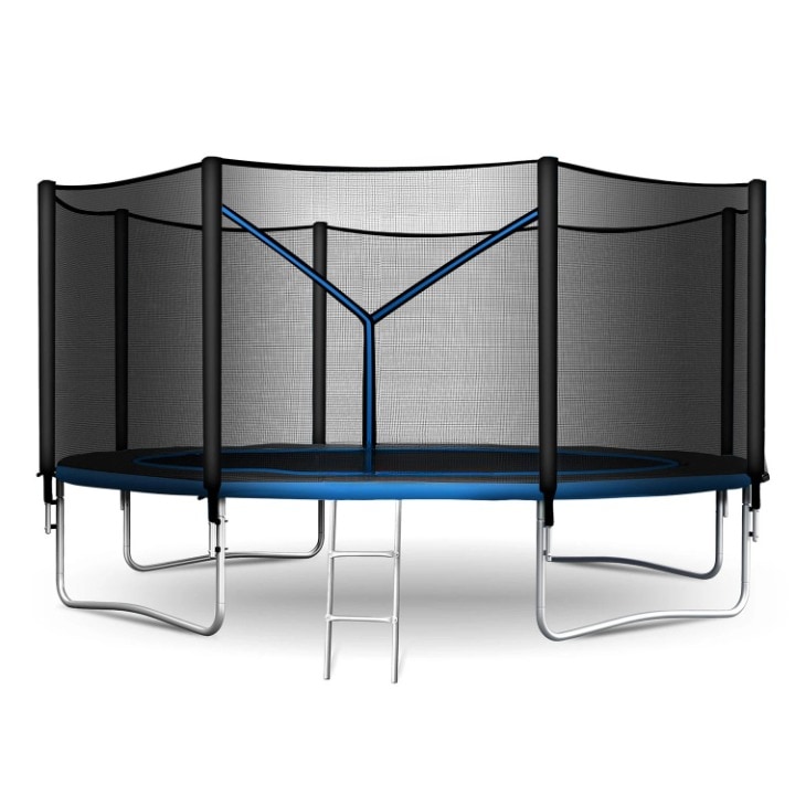 Trambulina de gradina DacEnergy, cu plasa de exterior, scara metalica, 2 trepte, 4 picioare duble, 80 arcuri de prindere, diametru 435 cm, negru si albastru