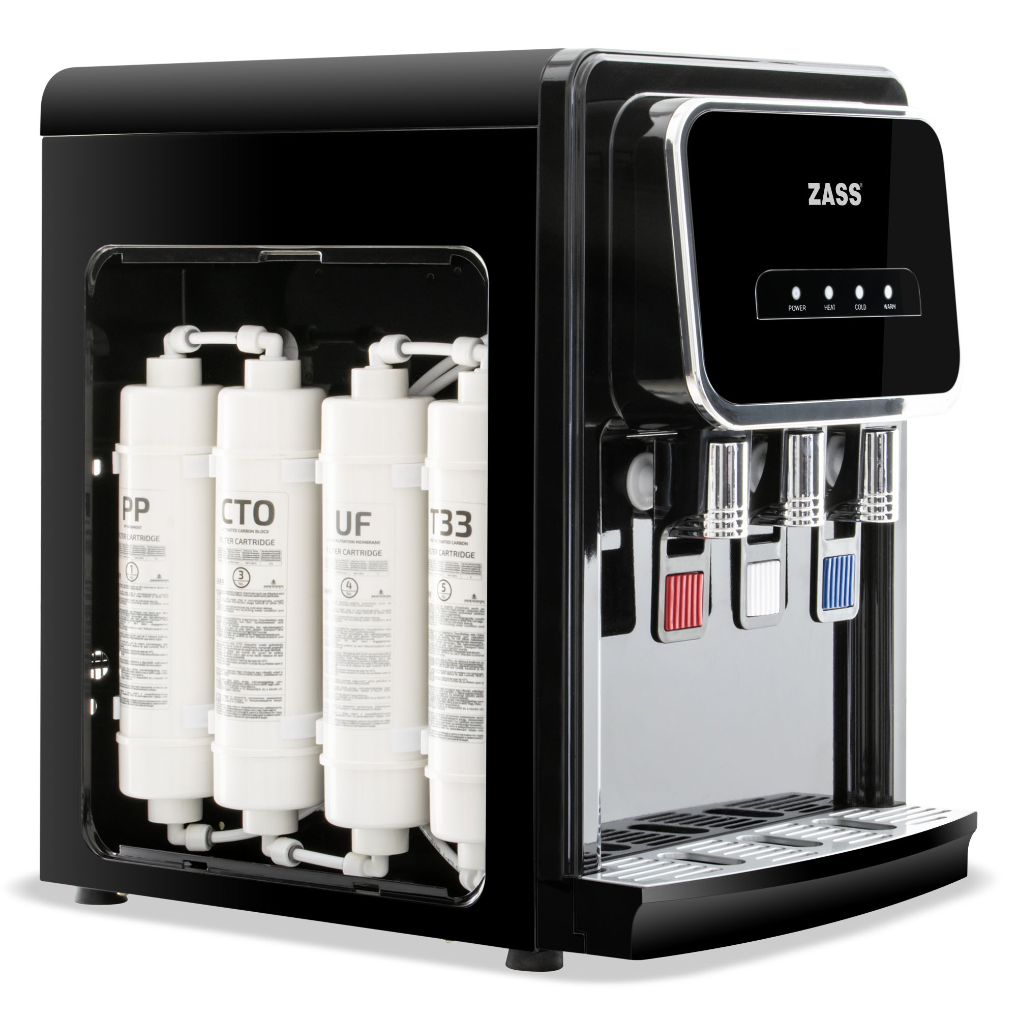 Dozator de apa de birou ZASS ZTWD 26 WF Negru, Cu filtrare, Racire cu compresor, Putere incalzire 500W, apa rece/calda, Negru