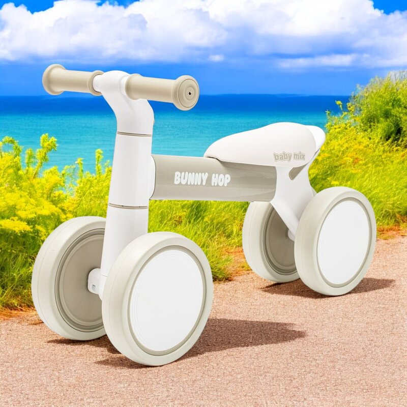 Bicicleta fara pedale Baby Mix, Bunny Hop, Cu 4 roti, Cu sistem inovator de directie, Stabila, Pana la 25 kg, 12 luni+, Warm Grey