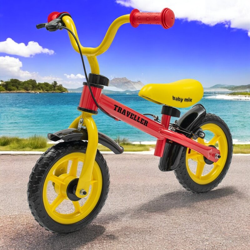 Bicicleta fara pedale Baby Mix, Traveller, Cu manere antiderapante, Reglabila pe inaltime, Cu roti de 12 inci, Pana la 20 kg, 2-4 ani, Red/Yellow