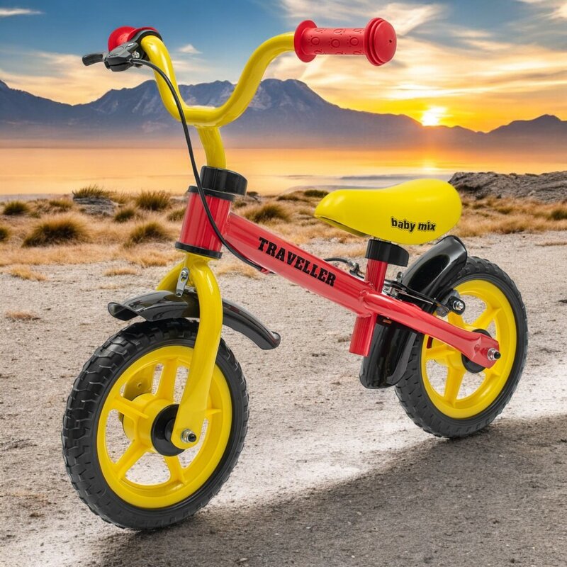 Bicicleta fara pedale Baby Mix, Traveller, Cu manere antiderapante, Reglabila pe inaltime, Cu roti de 12 inci, Pana la 20 kg, 2-4 ani, Red/Yellow