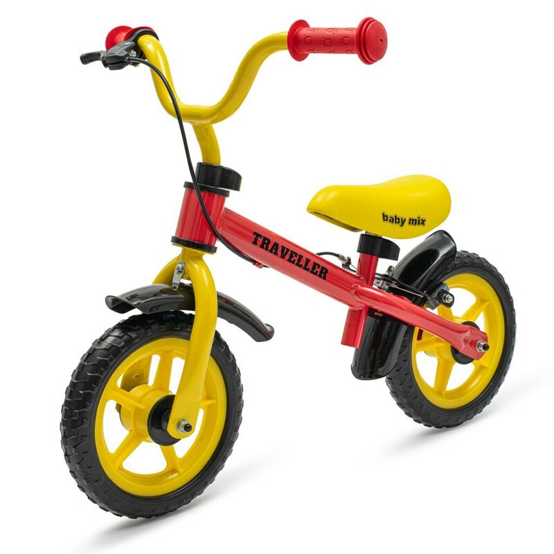 Bicicleta fara pedale Baby Mix, Traveller, Cu manere antiderapante, Reglabila pe inaltime, Cu roti de 12 inci, Pana la 20 kg, 2-4 ani, Red/Yellow