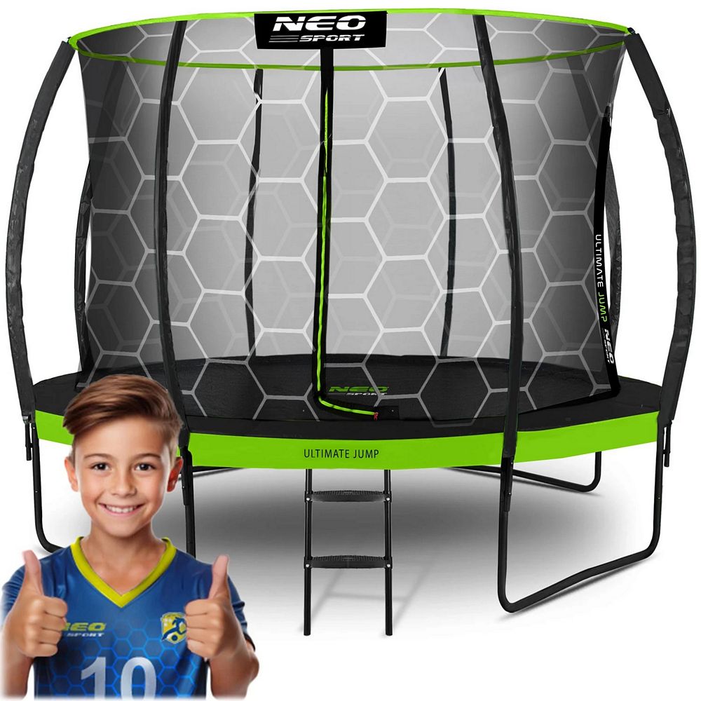 Trambulina de gradina, cu 4 picioare duble, scara metalica cu trepte late, plasa interna, intrarea in forma de L, cu fermoar si catarama, 435 cm, negru si verde