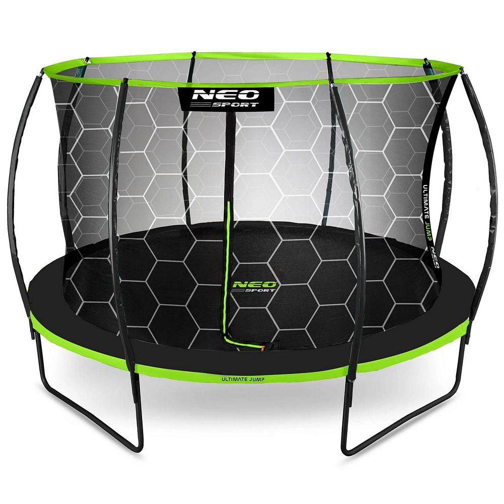 Trambulina de gradina, cu 4 picioare duble, scara metalica cu trepte late, plasa interna, intrarea in forma de L, cu fermoar si catarama, 435 cm, negru si verde