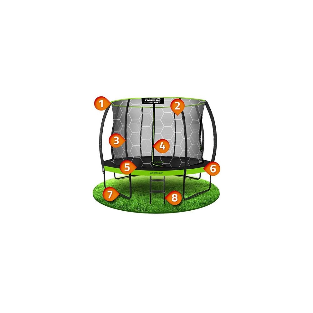 Trambulina de gradina, cu 4 picioare duble, scara metalica cu trepte late, plasa interna, intrarea in forma de L, cu fermoar si catarama, 435 cm, negru si verde