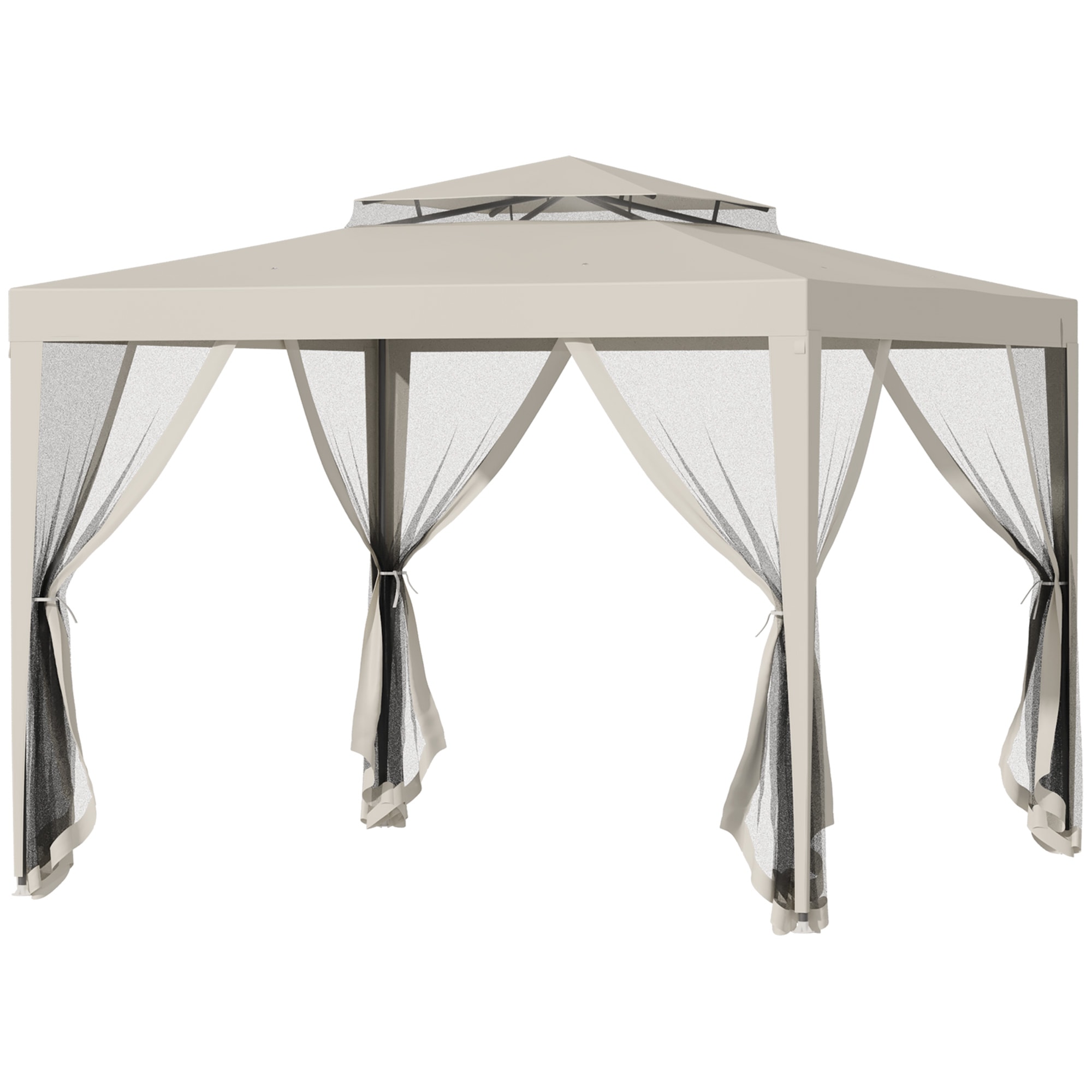Foisor de gradina cu plasa de tantari cu acoperis dublu si cadru Outsunny, 297x297x268 cm, Metal, Bej