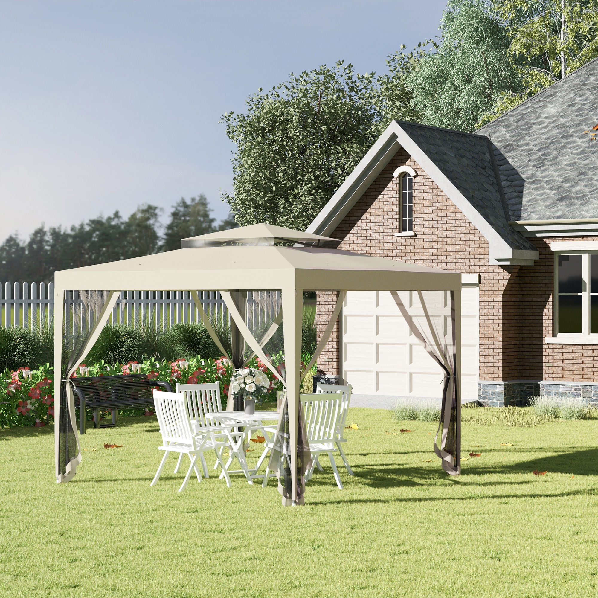 Foisor de gradina cu plasa de tantari cu acoperis dublu si cadru Outsunny, 297x297x268 cm, Metal, Bej