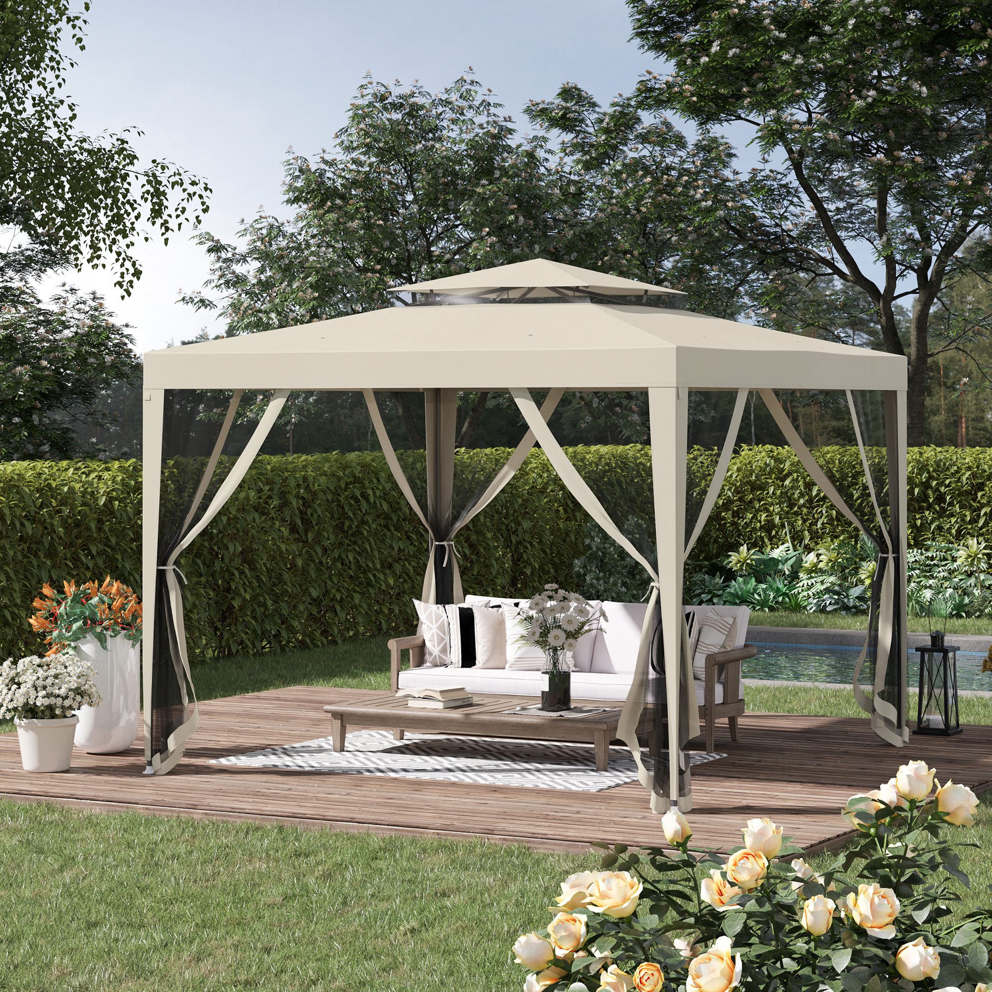 Foisor de gradina cu plasa de tantari cu acoperis dublu si cadru Outsunny, 297x297x268 cm, Metal, Bej